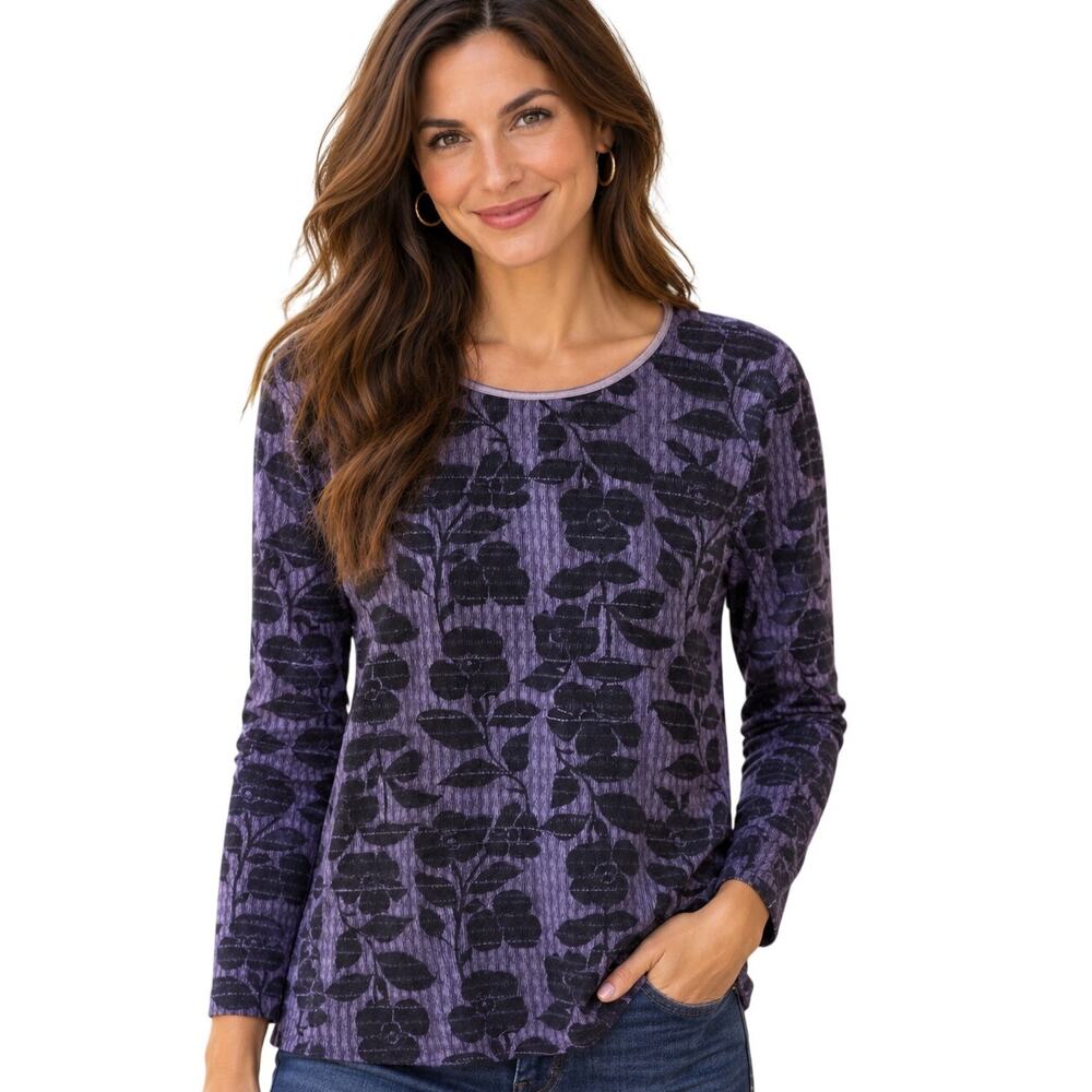 J. Jill Long Sleeve Satin-Trimmed Tee Womens Large Purple Floral Cotton Top